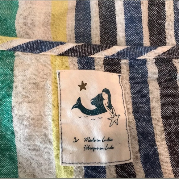 Anthro MERMAID Striped Linen Blouse Popover Peasant Top Shirt Blue Green Yellow - Picture 6 of 7